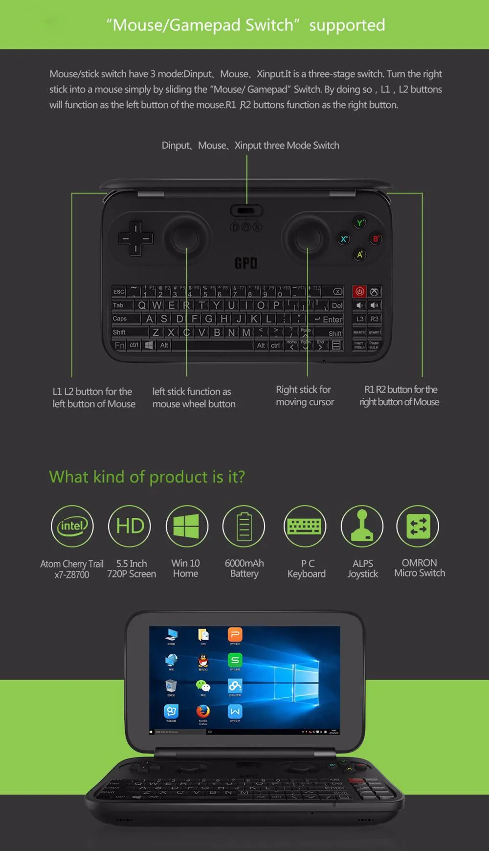GPD Win 5.5 inch Game Console Intel Atom X7 Z8700 Windows 10 OS 4G64GB Quad Core 2.4GHz Gorilla Glass 1280720 - Black16