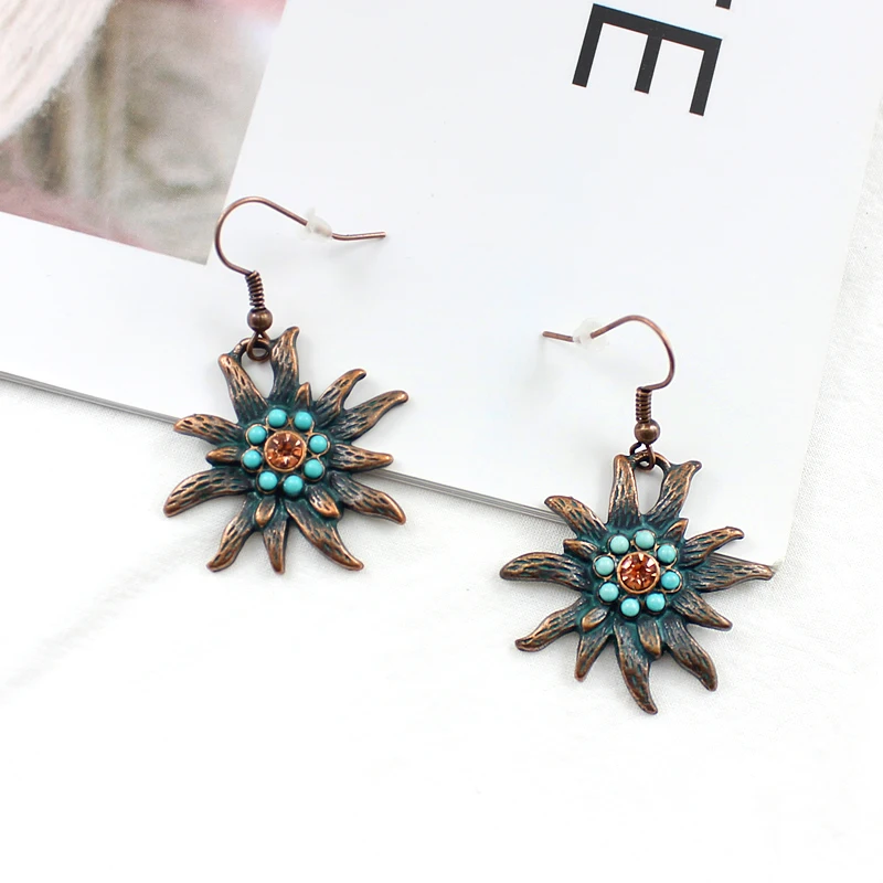 

Fashion Vintage Bronze Sun Flower Earrings Irregular Flowers Crystal Natural Stone Earrings Female Bohemian Glamour Jewelry
