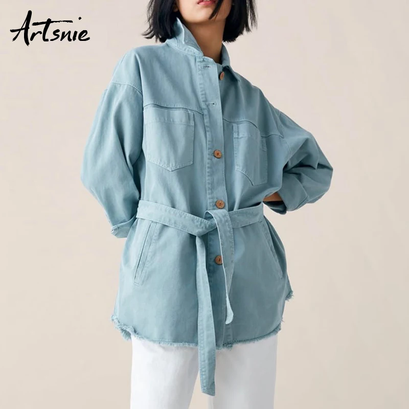 Meilleur Artsnie streetwear double poches denim femmes veste printemps 2019 décontracté ceintures jean ample longs manteaux femme chaquetas Mujer