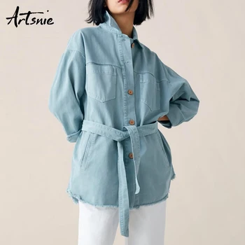 

Artsnie streetwear double pockets denim women jacket spring 2019 casual sashes jeans loose long coats female chaquetas Mujer