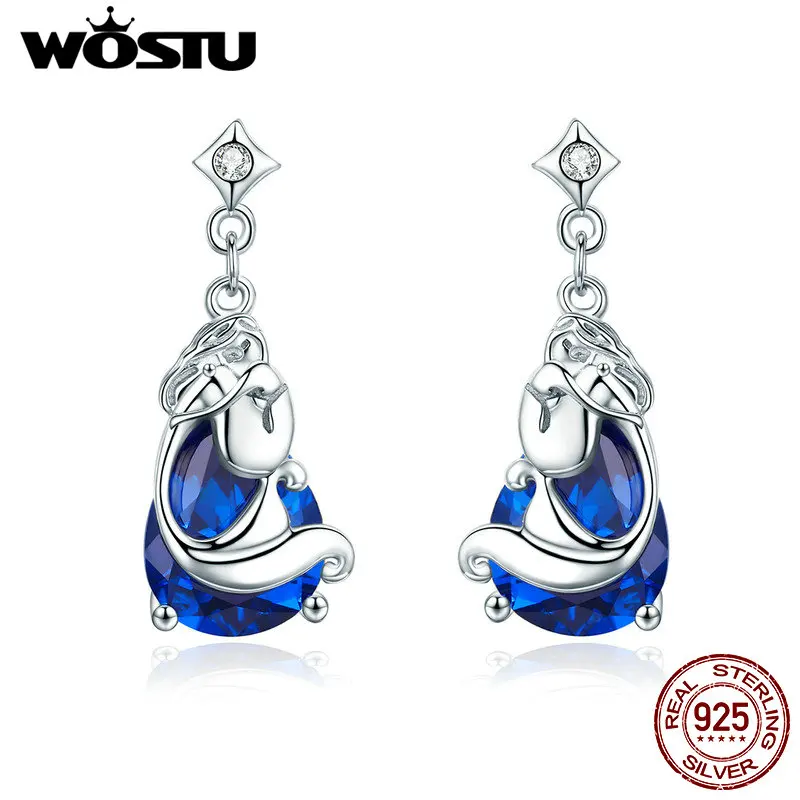 

WOSTU Hot Sale 925 Sterling Silver Sleeping Mermaid, Sea Blue Crystal Drop Earrings for Women Brand Earring Jewelry Gift CQE377