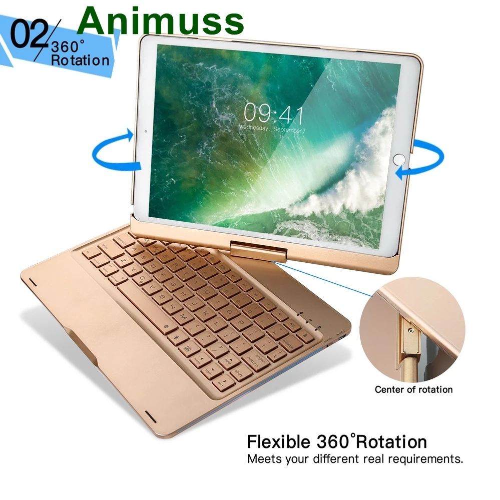 

FOR iPad Pro 10.5 Keyboard Case ANIMUSS 7 Colors Backlit Breathing Light BT Keyboard with Ultrathin Aluminium 360 Degree Rotatab