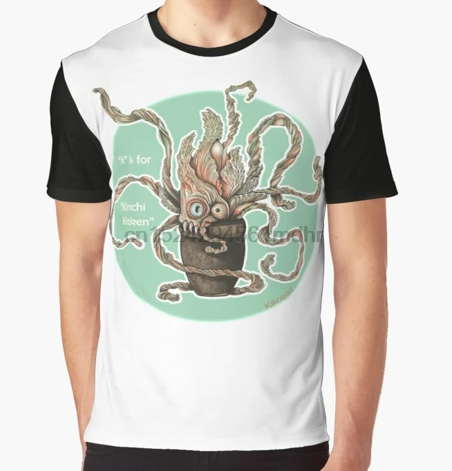 Мужская футболка с принтом K is for Kimchi Kraken коротким рукавом и круглым вырезом