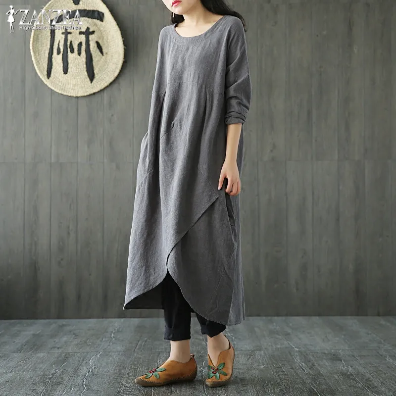 

Plus Size Women's Autumn Sundress 2019 ZANZEA Asymmetrical Dress Kaftan Long Sleeve Linen Shirt Dress Female Vestidos Robe Femme