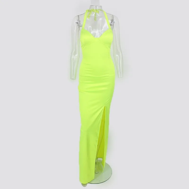 Ohvera Синтетическая кожа Холтер Сплит Bodycon платье для женщин летние вечерние платья сексуальное с открытой спиной макси длинное платье Ким Кардашьян - Цвет: Зеленый