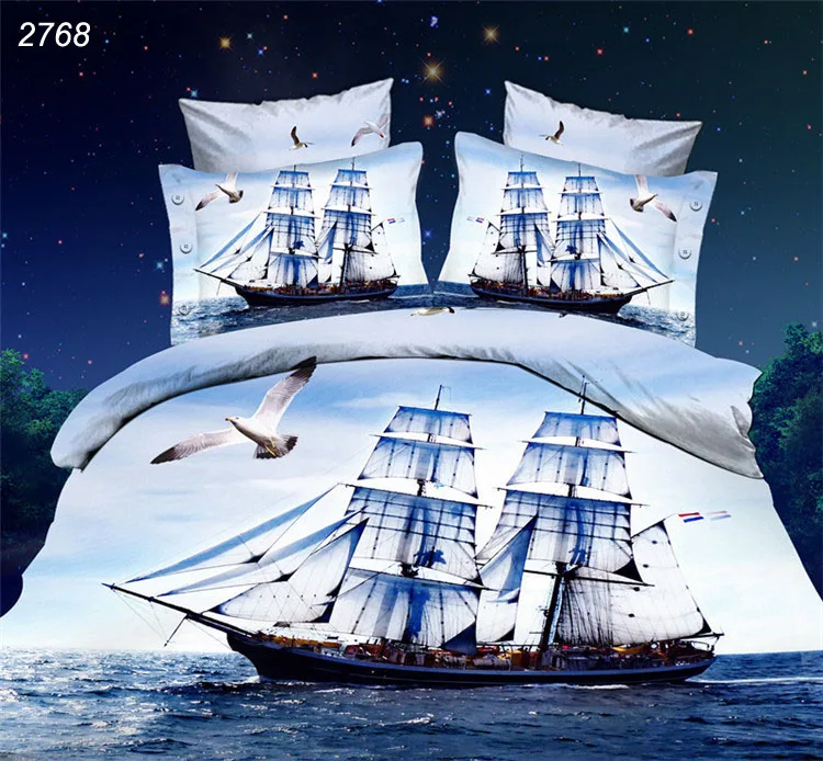 3D effect ocean sailing Ancient cargo ship seagull bedding set 3d