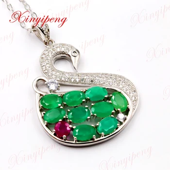 

Xin yi peng 925 silver inlaid natural emerald pendant necklace with ruby for woman shape of a swan