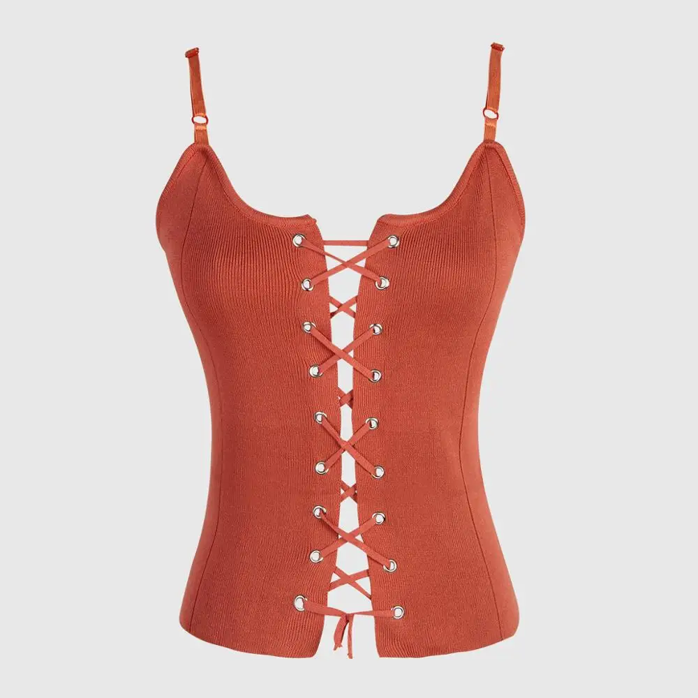 

2019 summer sexy style Solid color tank top female knitting Women Sleeveless Straps Tank Top Chest lacing Hollow Out sexy top
