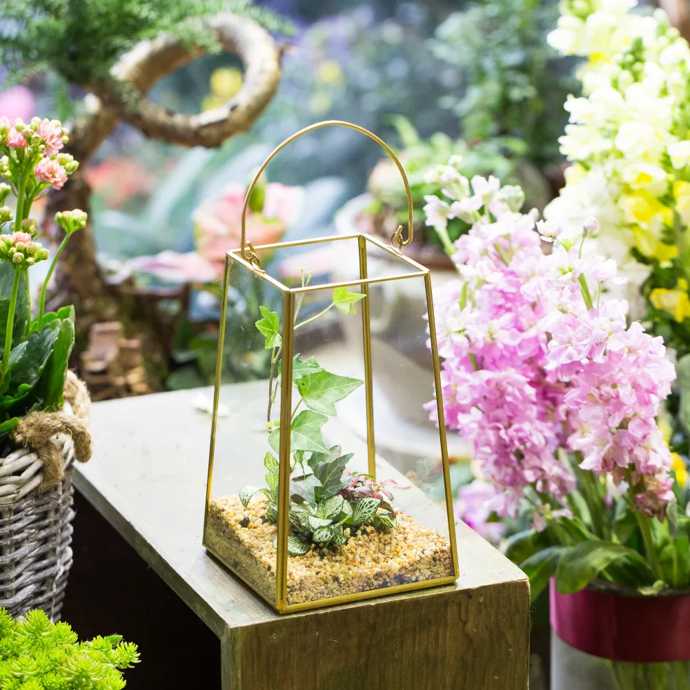Handmade Brass Copper Gold Echelon Geometric Glass Terrarium Holder
