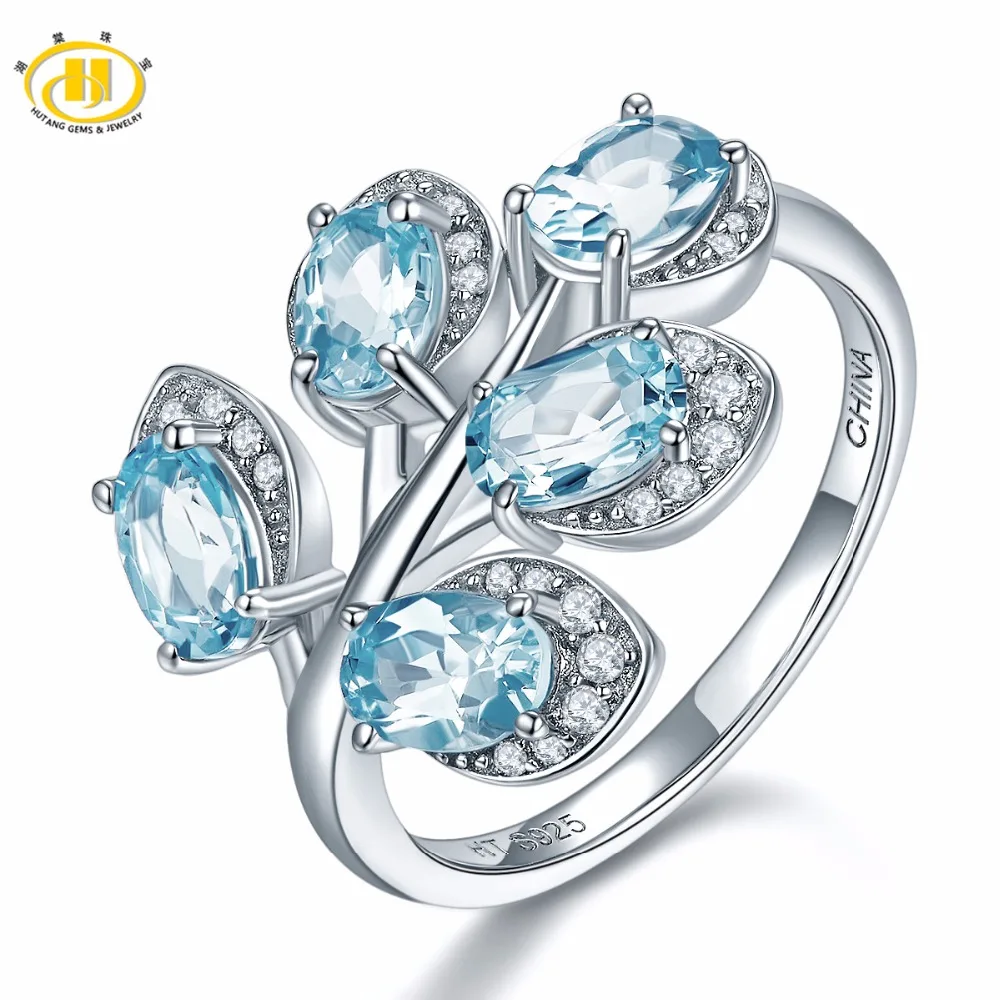 Hutang Natural Gemstone Sky Blue Topaz Rings Solid 925 Sterling Silver Leaf Ring Fine Jewelry Elegant Design for Women Gift New Hutang Natural Gemstone Sky Blue Topaz Rings Solid 925 Sterling Silver Leaf Ring Fine Jewelry Elegant Design for Women Gift New