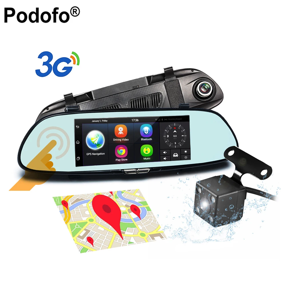 

Podofo Original 7 inch Car DVR GPS Androi 3G WIFI Dual Lens Rearview Mirror HD 1080P With Dash Cam Touch Screen Back up camera