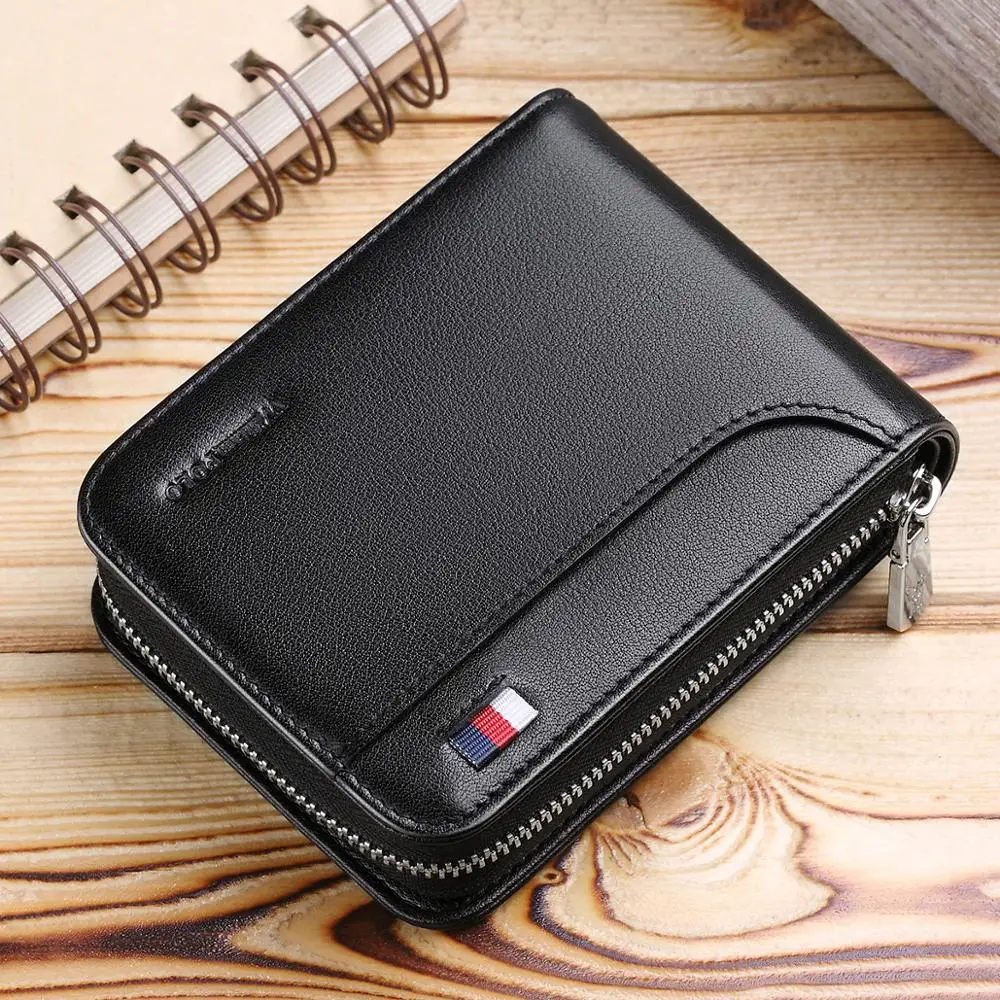 

WILLIAMPOLO Wallets Men Short Genuine Leather Slim Mini Card Holder Accordion Slot Snap Fastener Zipper Cash Pocket Portable