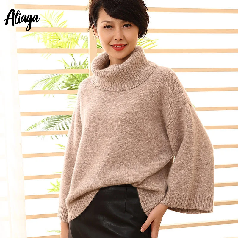 

Wholesale 100% Mongolia Cashmere Winter Turtleneck Sweater Women Pullover Knitted Womens Flare Sleeve Thick Jumpers Tops 2019