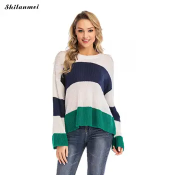 

Fashion Long Sleeve Patchwork Striped Sweater Women O Neck Autumn Winter Knitted Sweaters And Pullover Causal Female Jumper Tops