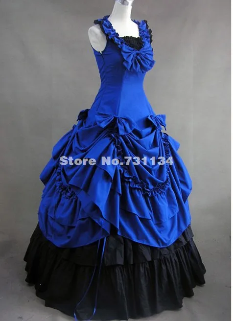 Синий хлопок викторианской Southern Belle бальное платье воссоздание театр костюм высокого качества