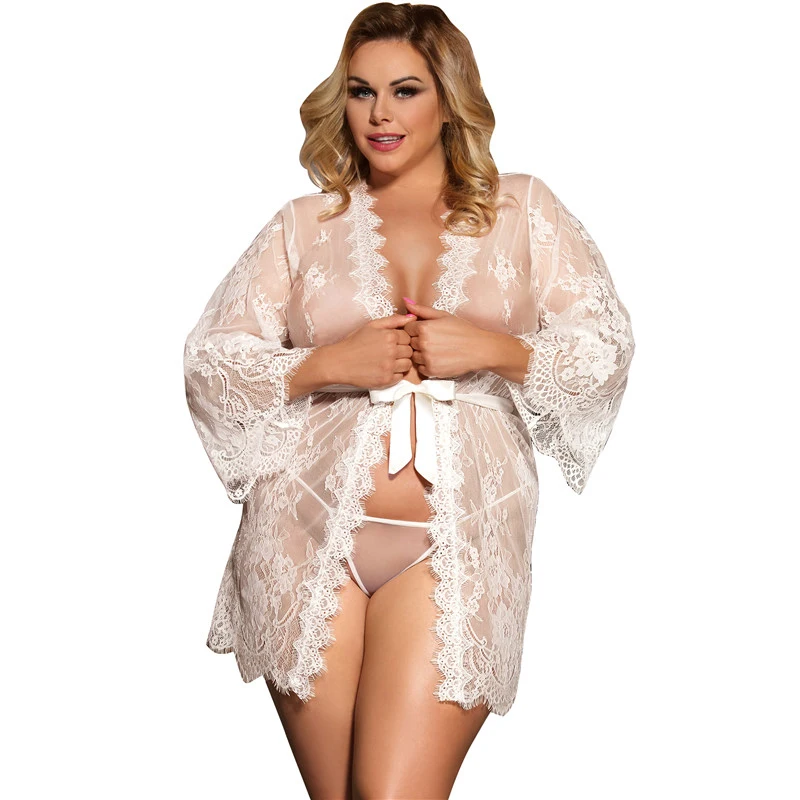 

Floral night wear sexy bridesmaid robes plus size long sleeve cemise de nuit femme self tie waist robe lace sleepwear RW80528