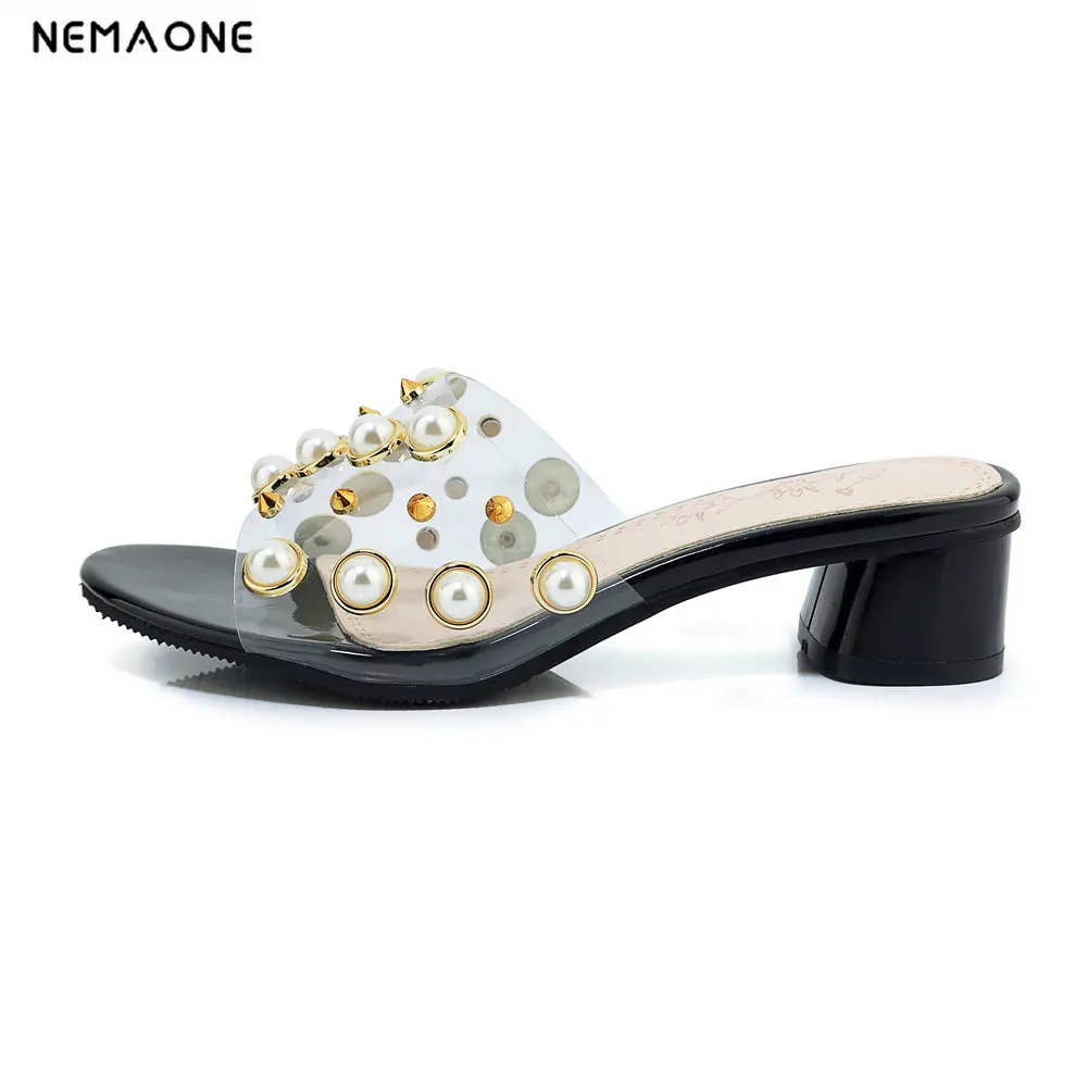

NEMAONE 2019 New Summer Women Slippers Fashion PVC Transparent Heel Shoes Woman Square Heel Open Toe rivets Shoes Footwear