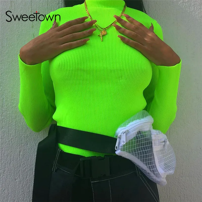 

Sweetown Sexy Long Sleeve T Shirt Women Green Winter Crop Top Winter Shirt Vogue Autumn 2018 New Arrival Crop Womens Tshirts