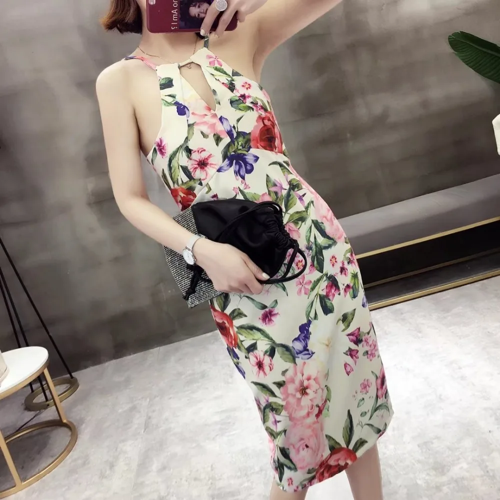 Шикарный Цветочный принт Футляр Sexy Холтер Bodycon Вечерние платье комбинация