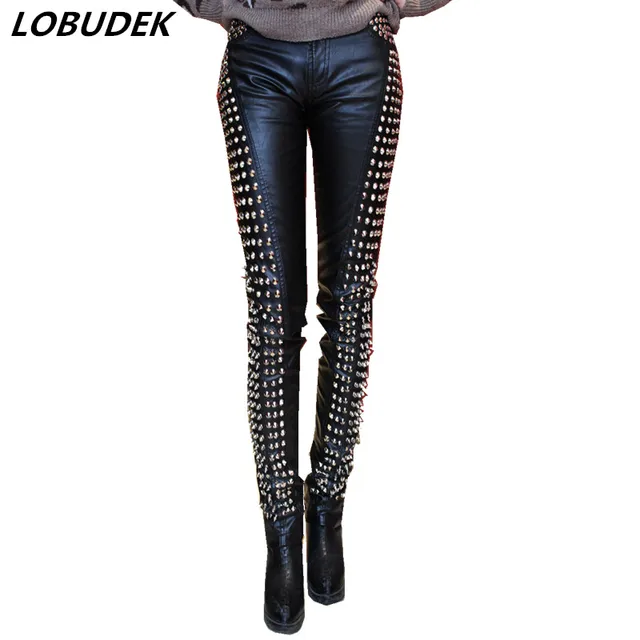 Women Black Leather Pants Female Leather Rivet Trousers Autumn Winter ...