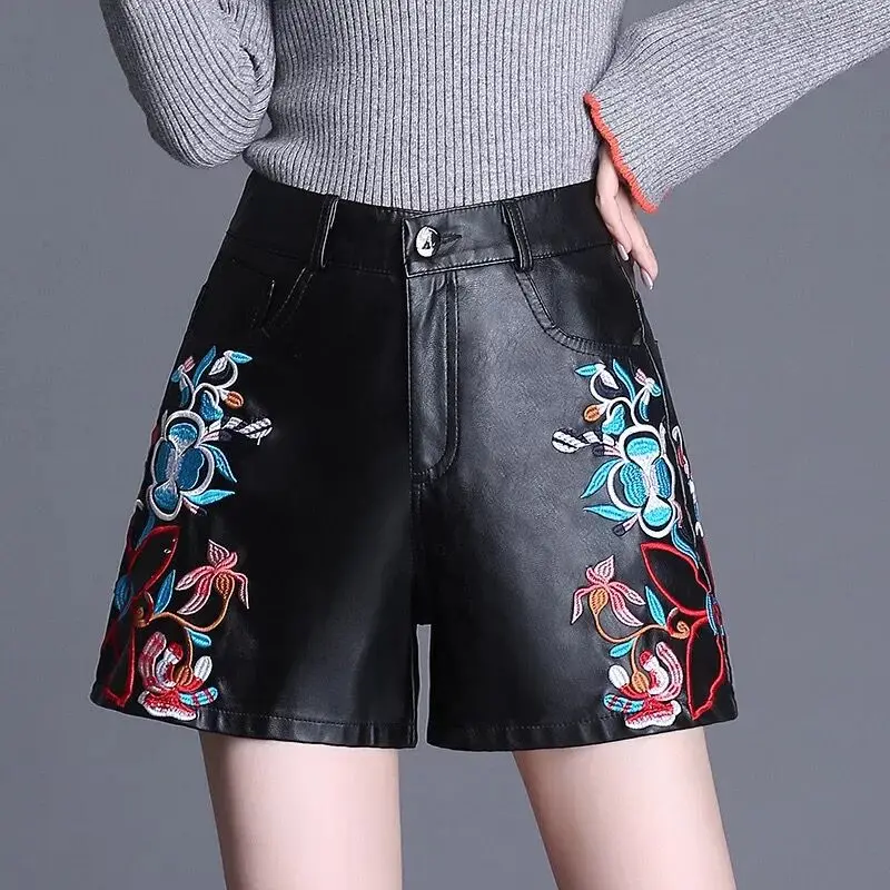 Embroidered Wide Leg Short Pants Women High Waist Loose Women