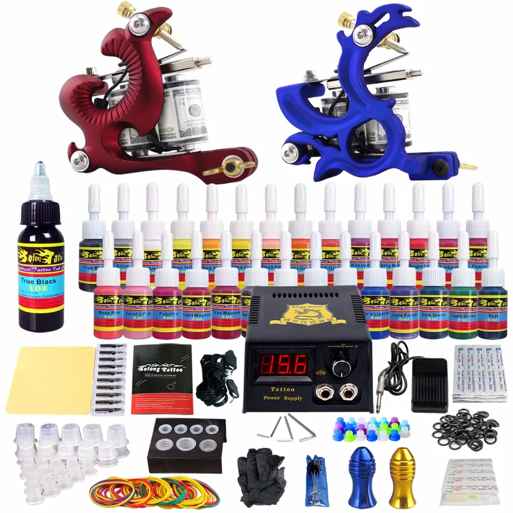 

Solong Tattoo complete professional 2 tattoo Machine Guns set Tattoo Kit 28 Inks Power Supply Needle Grips power supply TKB05