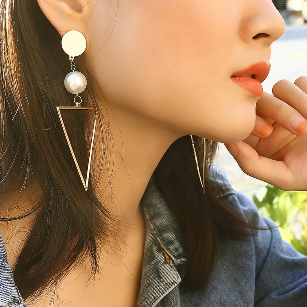 

Flashbuy New Unique Big Triangle Pearl Alloy Drop Earrings For Women Statement Simple Geometric Long Earrings Brincos Jewelry