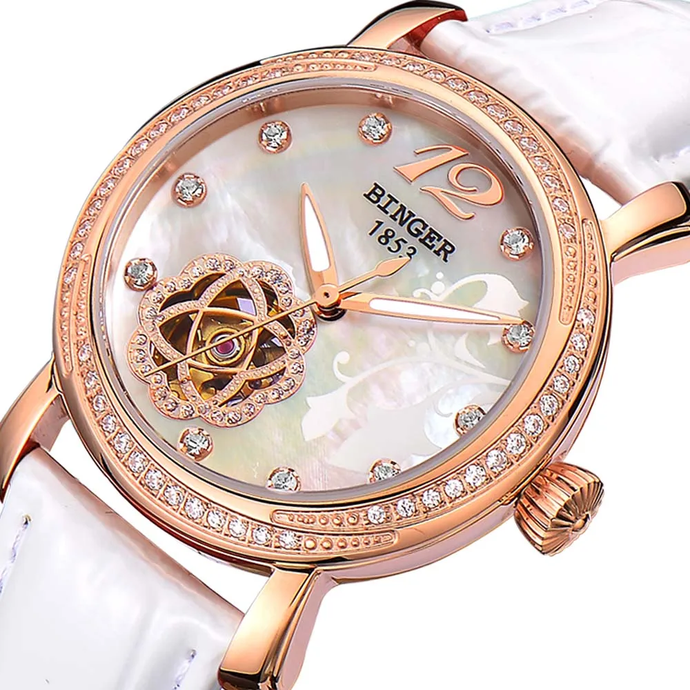 Japan MIYOTA Automatic Watches BINGER Brand Women Mechanical Watch Female Form Queen Series Rose Gold Waterproof Diamond - Цвет: 02