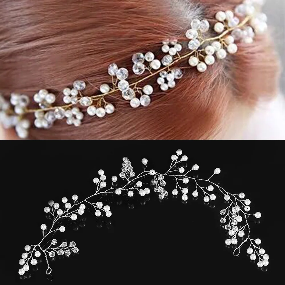 

1PC Fashion Women Silver Pearl Headbands Girls Tiara Crystal Hairband Headwear Bridal Wedding Party Hair Band Accessories