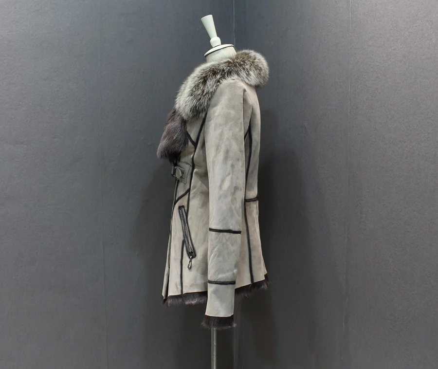 100% genuine sheepskin leather with fur coat slim with fox fur collar (12)