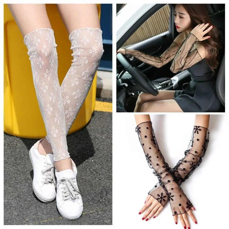 

Women's Sun Protection Cuff Summer Driving Ice Sleeve Thin Mesh Socks Feet Dual Use Lace Gauze Gloves