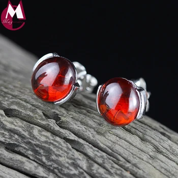 

Simple Red Garnet Stud Earrings For Women OL Style Geometric Fine Jewelry 100% Real 925 Sterling Silver Earrings SE138