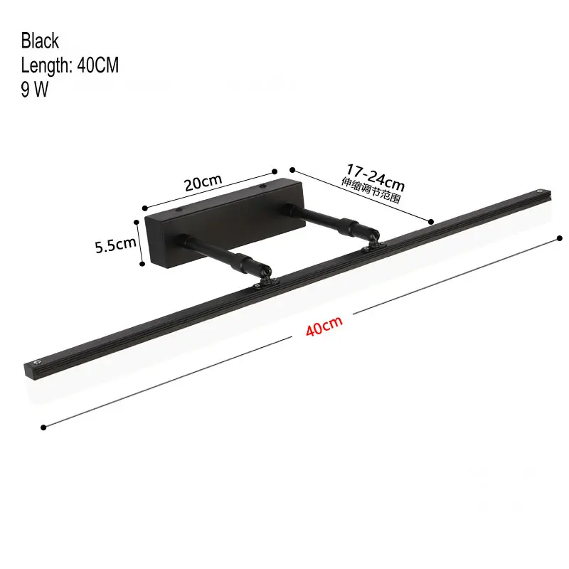 40 см/50 см/60 см/70 см/90 см Ванная комната настенный светильник переменного тока 110 V-220 V черный, серебристый цвет Регулируемый Светодиодное освещение зеркала в ванной для душевая комната - Цвет абажура: Black-40cm 9W