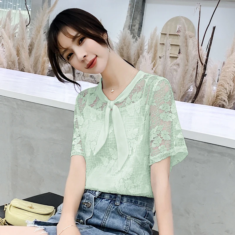

2019 Summer New Bow O Neck Short sleeve Hollow Out Green Lace Blouse Women's Chiffon Mesh Transparent Lace Shirt And Tops