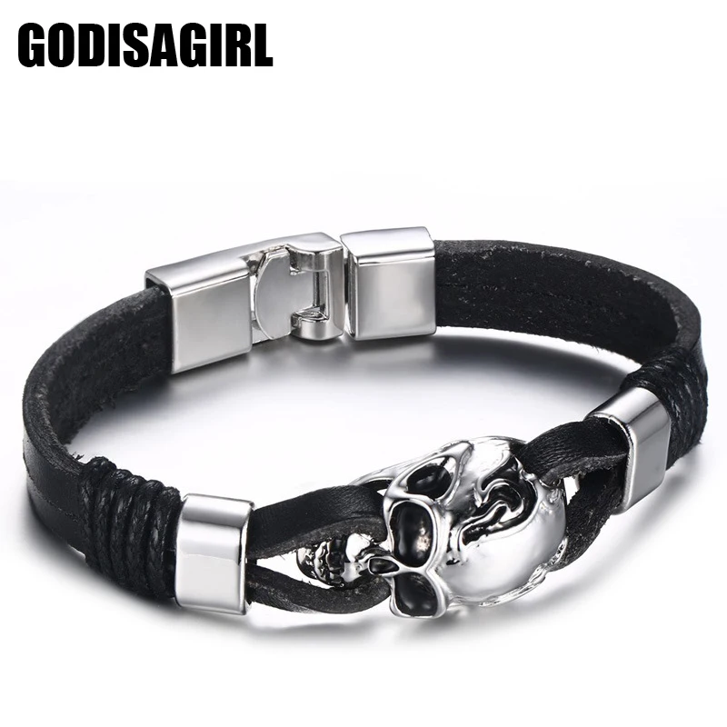 New Punk Rock Mens Black Leather Bracelets Skull Cuff Bangle Stainless