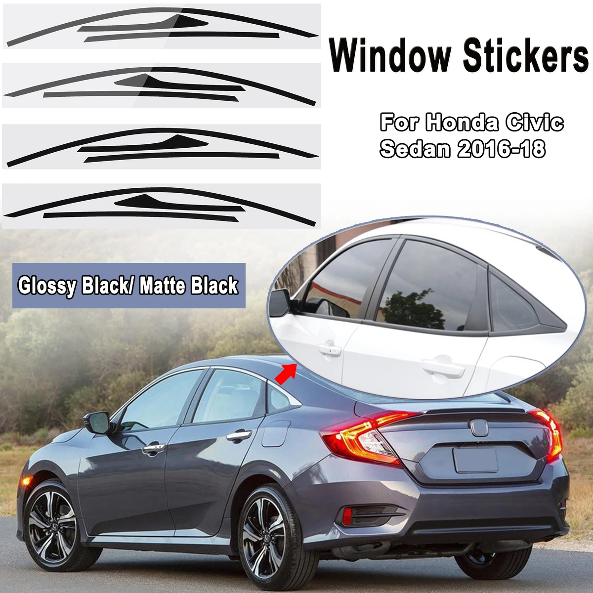 

For Honda For Civic Sedan 2016 2017 2018 Matte / Glossy Black Car Sticker Window Frame Trim Stickers Decals Blackout Overlay