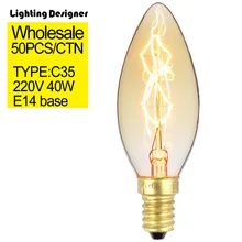 50 штук/картонная коробка C35 лампа в форме свечи, Винтаж Эдисон лампы E14 Маленький Винт 40 w 220 V головная лампа настольная лампа настенная лампа декоративная лампочка теплый