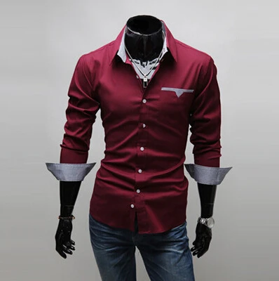 Новые модные повседневные мужские рубашки с отложным воротником с длинным рукавом красивый Тип Облегающая рубашка оптом - Цвет: wine red