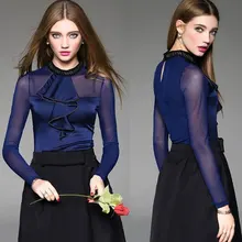 Осень-зима Новое поступление Женская Мода Стенд воротник с длинным рукавом сетки лоскутное под рубашку женский ПР Топ Бисер футболка