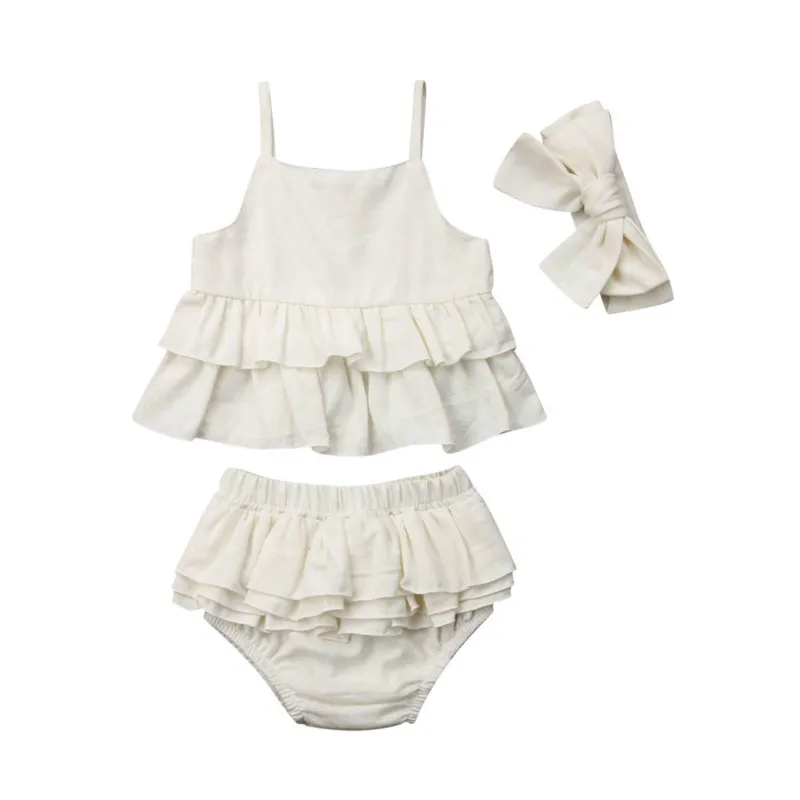 Toddler Kid Baby 3Pcs Bib Girl Solid Soft Clothes Headband Ruffle Brief Tops Short Pants Children Clothing Summer Outfit Sunsuit | Детская