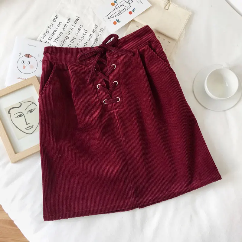 BGTEEVER, винтажная Женская Вельветовая юбка на шнуровке с высокой талией, женская короткая юбка с карманами на бедрах, Осень-зима - Цвет: wine red