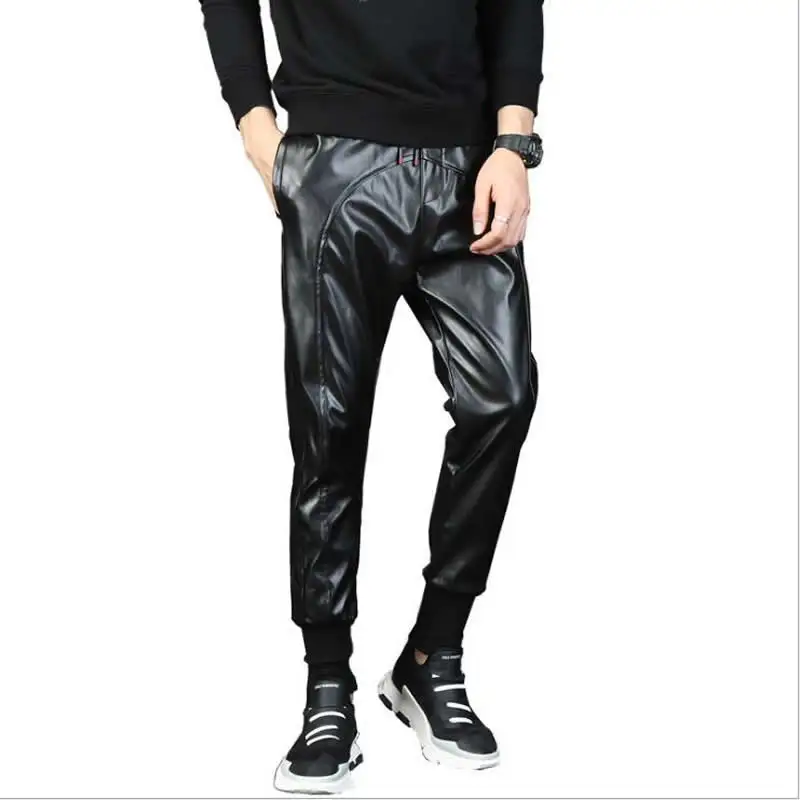 

Men Faux PU Leather Joggers Hip Hop Dancing Pants Motorcycle Harem Sweat Pants Sweatpants For Men Trousers
