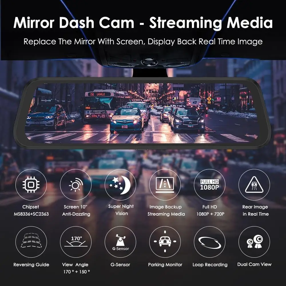 AZDOME PG02 1" Зеркало сенсорный Автомобильный видеорегистратор потоковая медиа ADAS двойной объектив камера заднего вида ночное видение 1080P рекордер для Uber