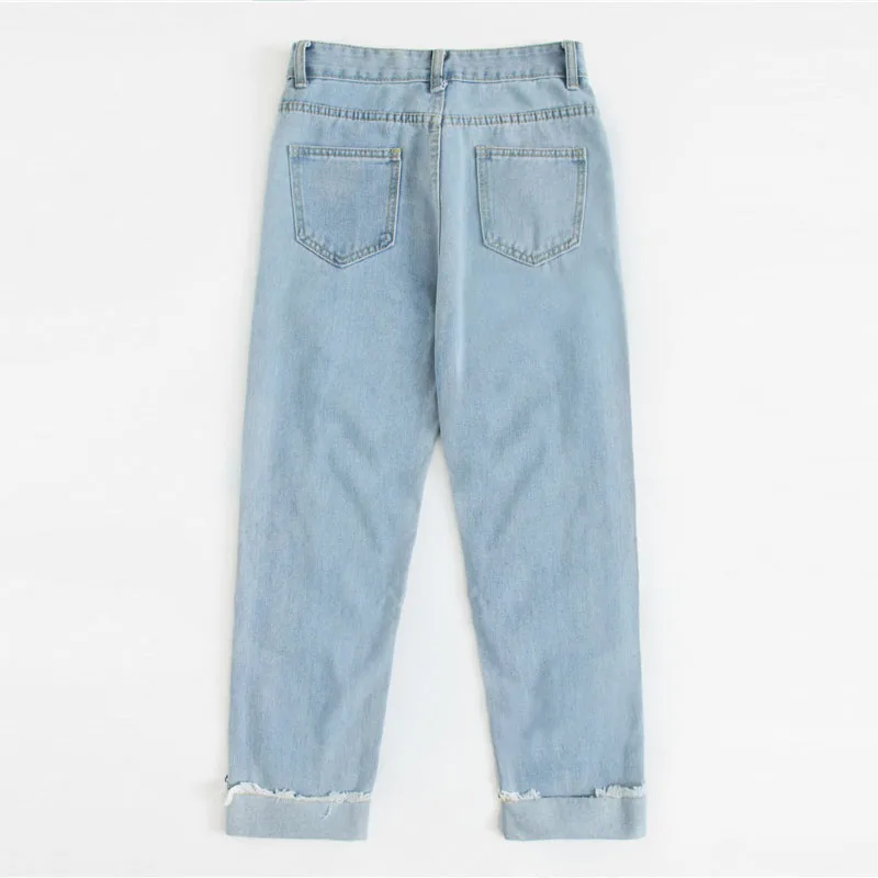 ROMWE рваные джинсы с буквенным принтом, новые модные весенние женские брюки на пуговицах со средней талией, синие повседневные джинсы с карманами