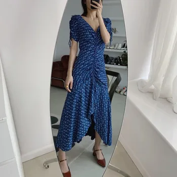 

2019 New Elegant Vintage Print Women Dress Pleated Dark Blue Midi Dresses V Neck Puff Sleeve Ruched Asymmetric Dress