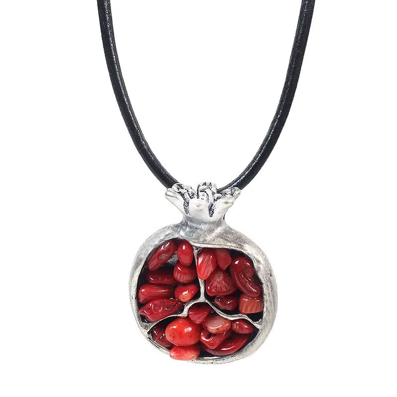 

Ethnic Alloy Oriental Charm Of Pomegranate Stone Pendant Necklace Women Black Leather Ethnic Pendant Necklace Fashion Jewelry