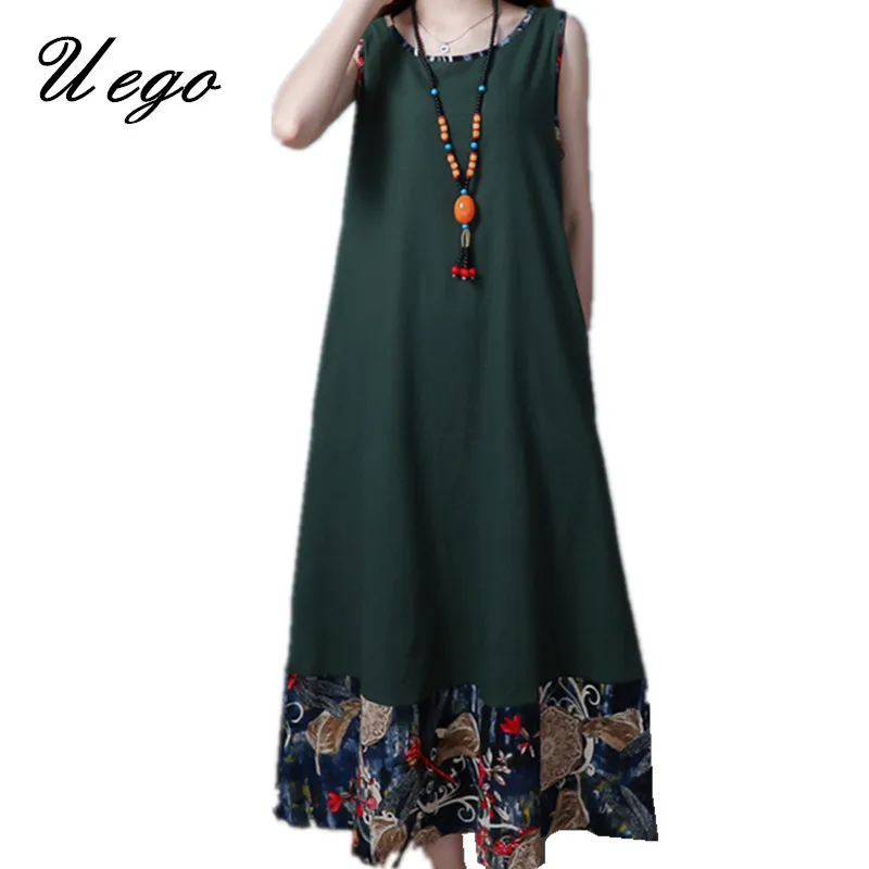 

Uego Sleeveless Loose Summer Dresss Soft Cotton Linen Patchwork Fashion Printing Floral Women Casual Dress 2019 New Arrival