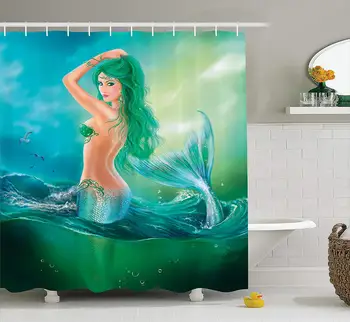 

Mermaid in Ocean On Waves Tail Sea Creatures Dramatic Sky Dark Clouds, Bathroom Accessories Green Aqua