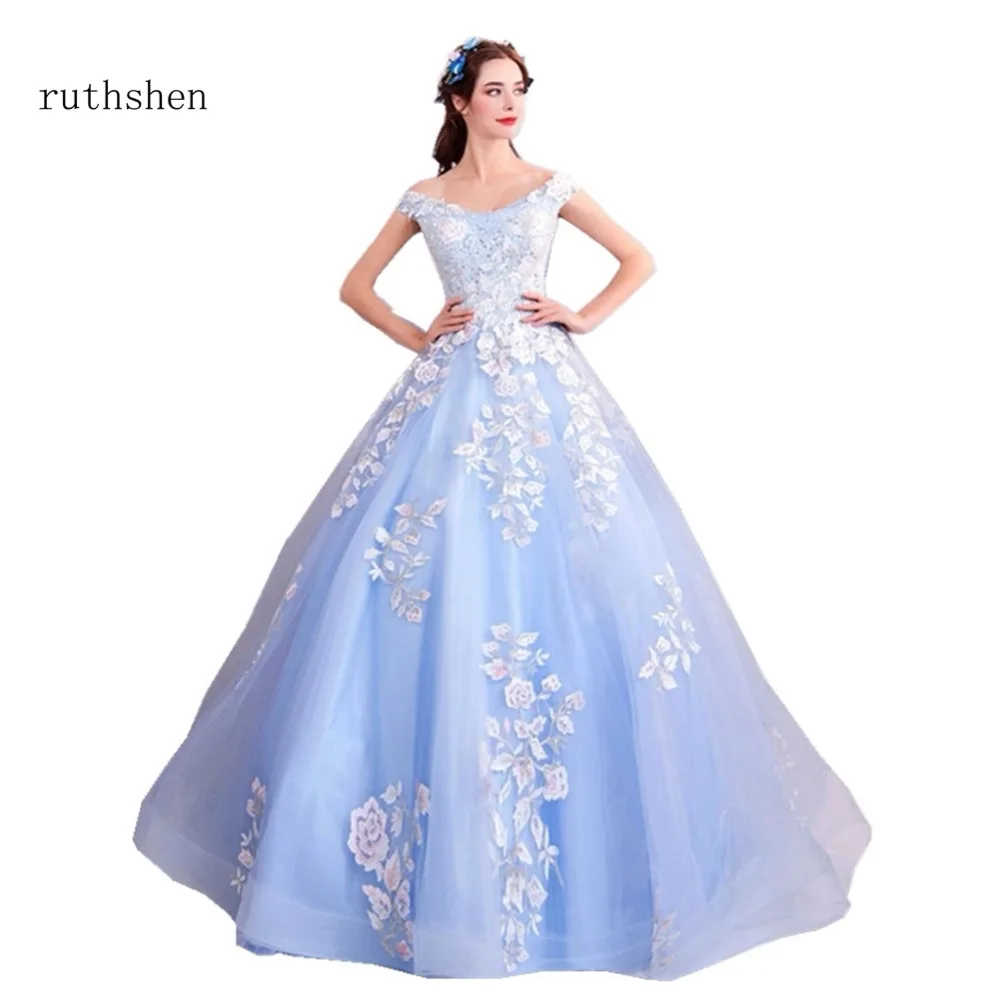 

ruthshen Sexy Off The The Shoulder Long Prom Dresses Appliques Flowers Evening Dresses Luxury Elegant Robes De Soiree 2018