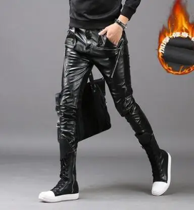 Брюки мужские из искусственной кожи модные облегающие штаны на молнии